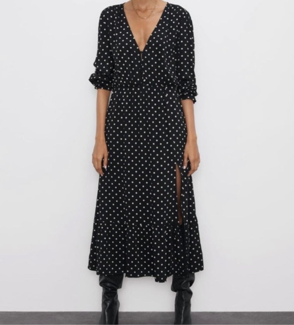 Zara Polka Dot Long Sleeve Tiered Midi Dress Women's Small Black White